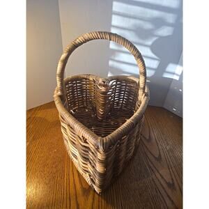 Heart Shaped Basket, Wicker Rattan Deep 13 1/2” Long, Forearm Handle. Vintage.